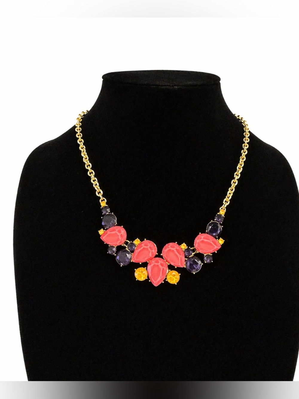 Talbots Statement Necklace Gold Pink Navy‎ Bib Rhinestone Chain